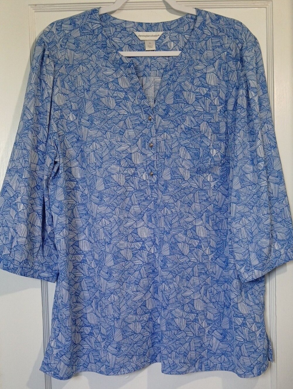 Christopher & Banks Blue & White Geometric Top